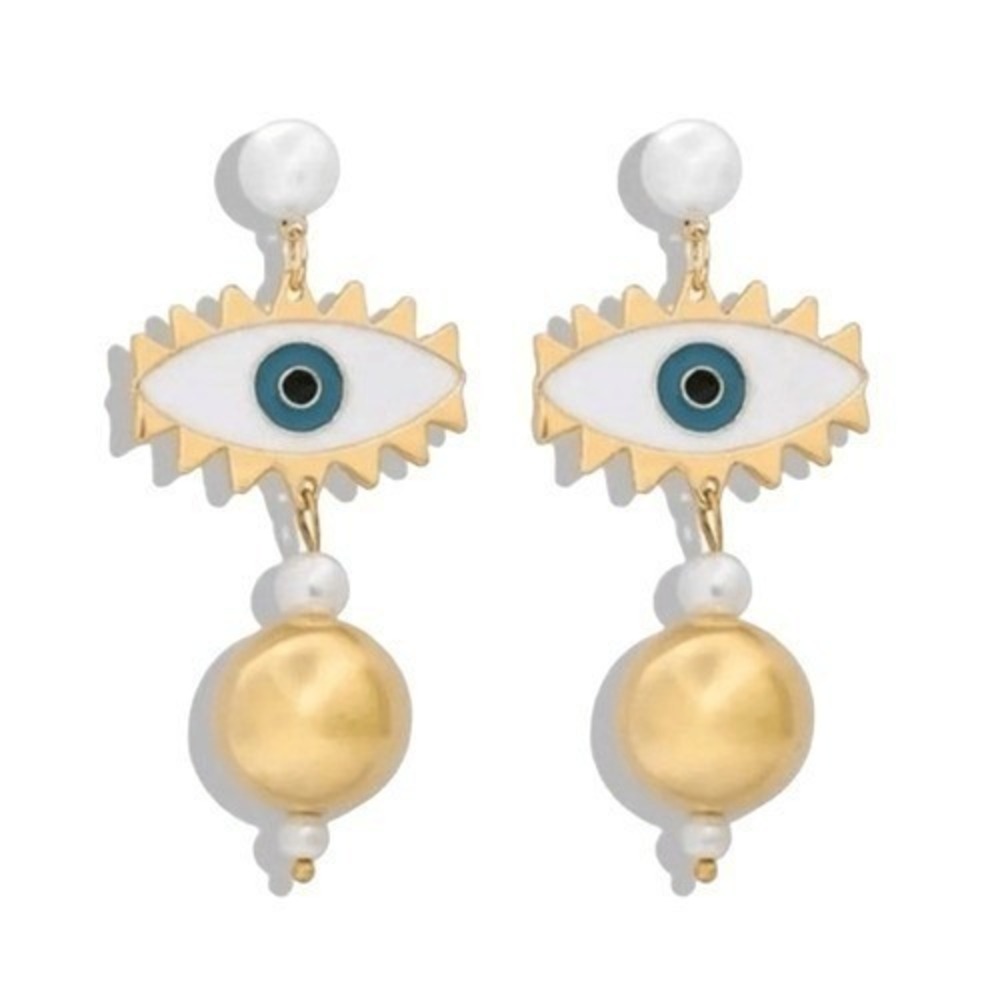 A2 Evil Eye‎ Dangle Earrings Gold Tone Pearl Accents Statement Jewelry